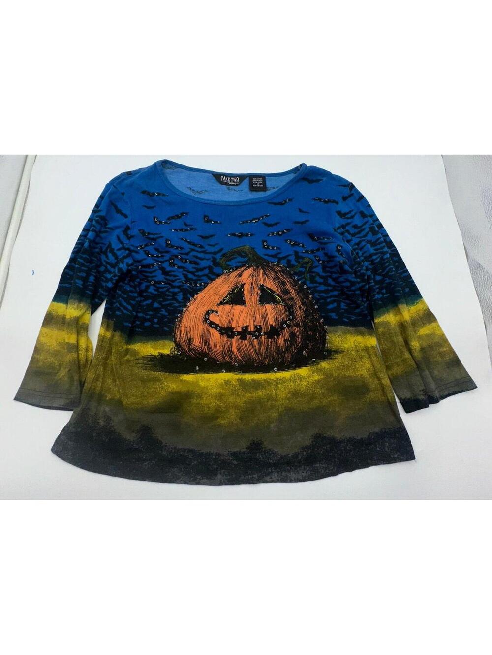TAKE TWO Clothing Co. Medium Pumpkin Bats Halloween Spooky Sequin Embellished